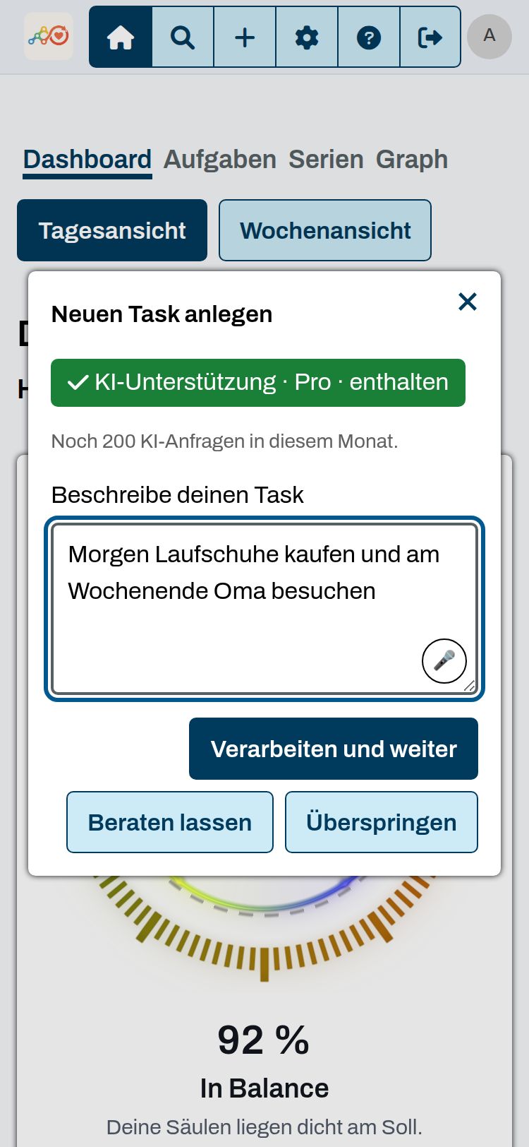 Screenshot aus der App: KI und Spracheingabe