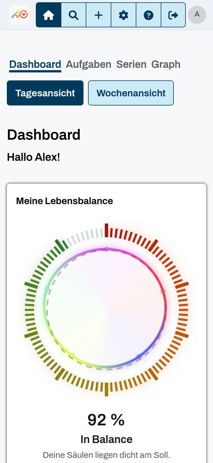 Dashboard von Balamentum mit der nächsten Aufgabe und der Lebensbalance