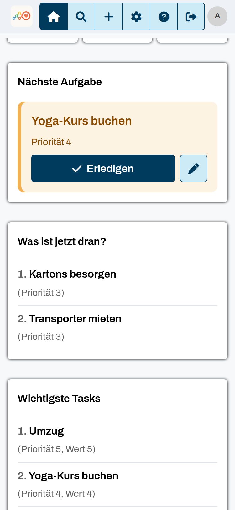 Screenshot aus der App: Eine nächste Aufgabe statt endloser Liste